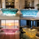 Transparent resin luminous crystal island, light luxury home dining table, ice cubes, stones, high-end feeling, hotel reception bar, front desk