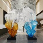 Modern minimalist hotel entrance foyer soft decoration with a high-end feel, niche transparent ornaments, resin sculptures, and artworks