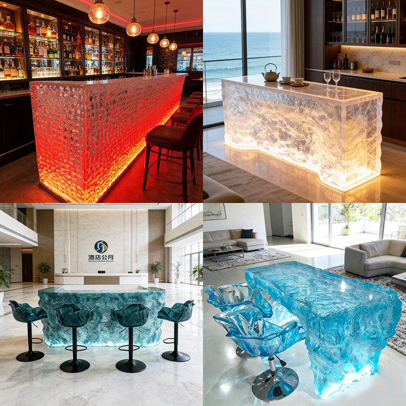 Modern luxury crystal luminous island table, bar, villa, high-end feeling, transparent resin reception, irregular bar counter in front