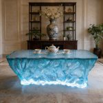 Transparent resin luminous crystal island, light luxury home dining table, ice cubes, stones, high-end feeling, hotel reception bar, front desk