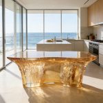 Transparent resin luminous crystal island, light luxury home dining table, ice cubes, stones, high-end feeling, hotel reception bar, front desk